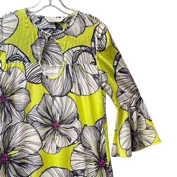 Trina Turk Keyhole Neckline Silk Long Bell Sleeve Shift Dress Women No Tag Green - Picture 6 of 14